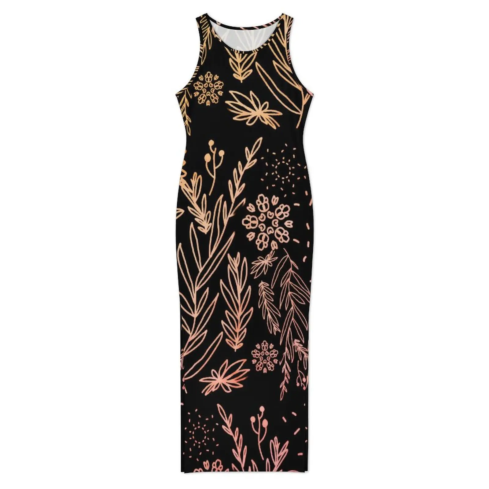 골드 로즈 플로럴 바디콘 드레스 여름 귀여운 꽃 슬림 섹시 맥시 드레스 여성 민소매 디자인 스트릿 패션 드레스 큰 사이즈