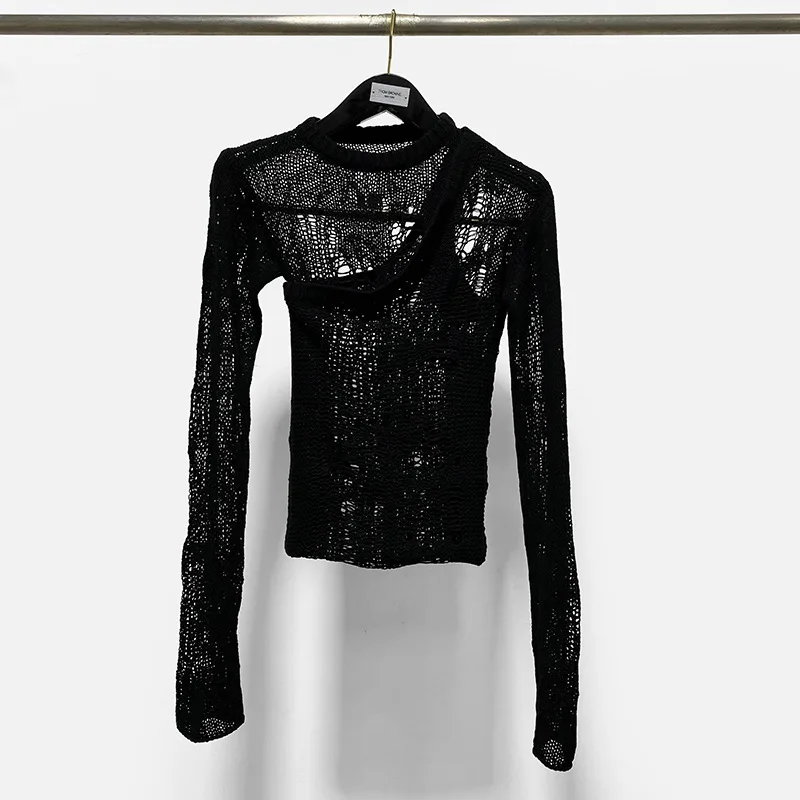 Autumn Rick Sweater Women Y2k Pullovers Streetwear Knitwear Hollow Out Spider Web See Through Sexy Sweater