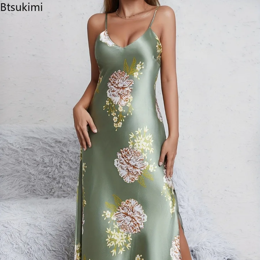 2025 신상 여성 여름 우아하고 섹시한 V넥 플로럴 프린트 실키하고 편안한 부드러운 슬립 나이트가운 슬립 드레스 라운지웨어 잠옷