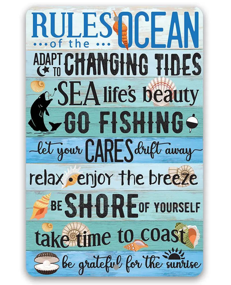 Rules of the Ocean Metal Sign - Inspirational Sea Themed Decor Beach House Gift