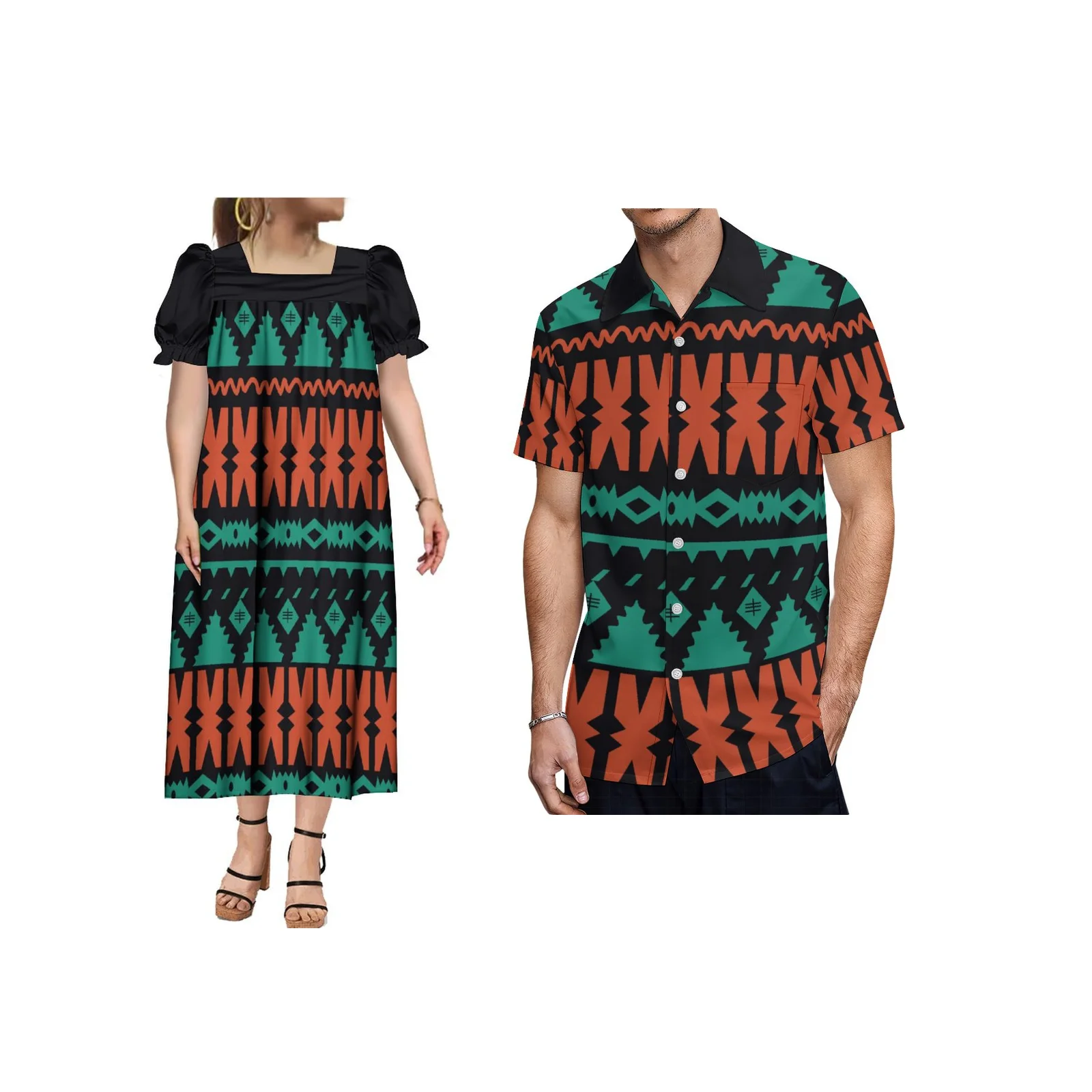 Polynesian Samoan Islander Couples Costume MUMU Hawaiian Fijian Men's Shirts Women's Elegant Bubble Sleeve Tribal Dress