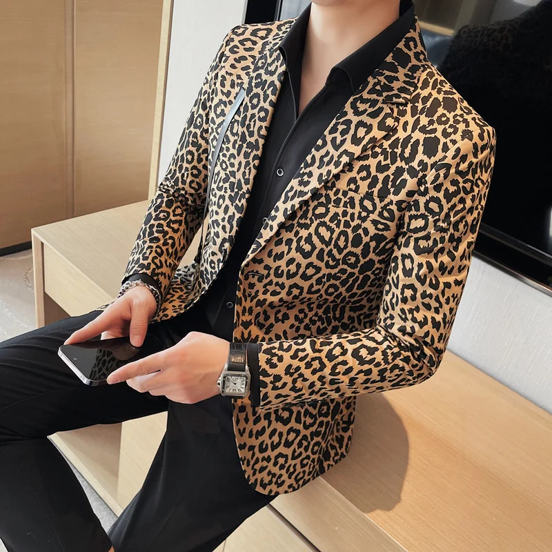 

2023 Plus Size 4XL-S Fashion Sexy Leopard Print Blazer Jackets For Men Clothing Two Buttons Slim Fit Casual Suit Coats Tuxedo