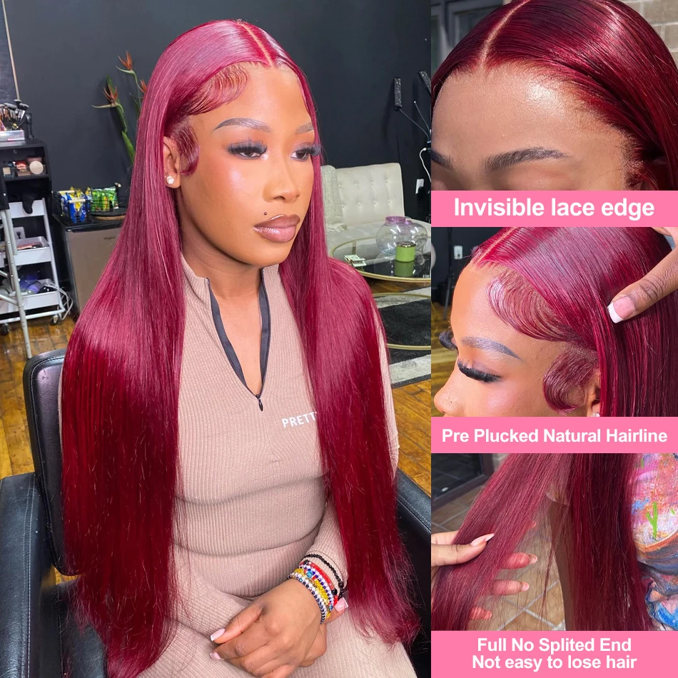 بورجوندي 99J أحمر اللون مستقيم 13x4 الدانتيل الجبهة خصلات الشعر المستعار الإنسان للبيع البرازيلي الدانتيل الشفاف شعر مستعار أمامي 100% شعر الإنسان