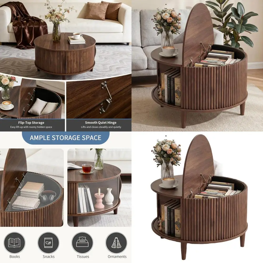 

Mid-Century Modern Round Coffee Table with Storage, Fluted Design, 31.69, Sliding Door Cabinet, 2-Tier, Rustic Brown Wood