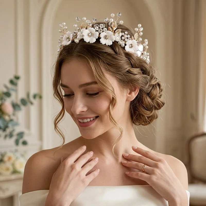Elegant Vintage Bridal Tiara Gold Leaf White Porcelain Flower Wedding Headband Pearl Crystal Princess Crown Hair Accessories