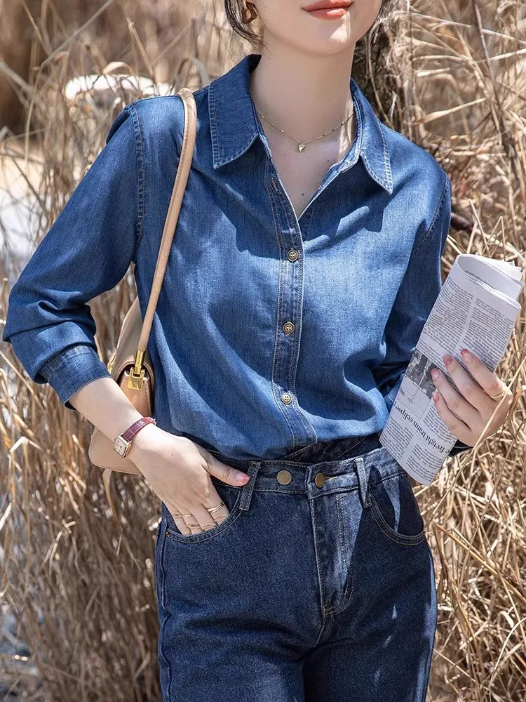

Deep Blue Soft Denim Shirt Women's Autumn Winter Top Small Size Shoulder Corrector Layering Base Layer Shirt Jacket Spring