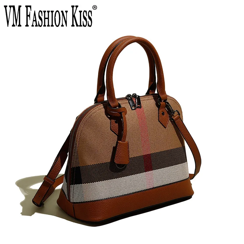 

VM FASHION KISS Striped Canvas + Genuine Leather Women's Handbag Casual Shell Shoulder Bag Classic Messenger Bag High Quality