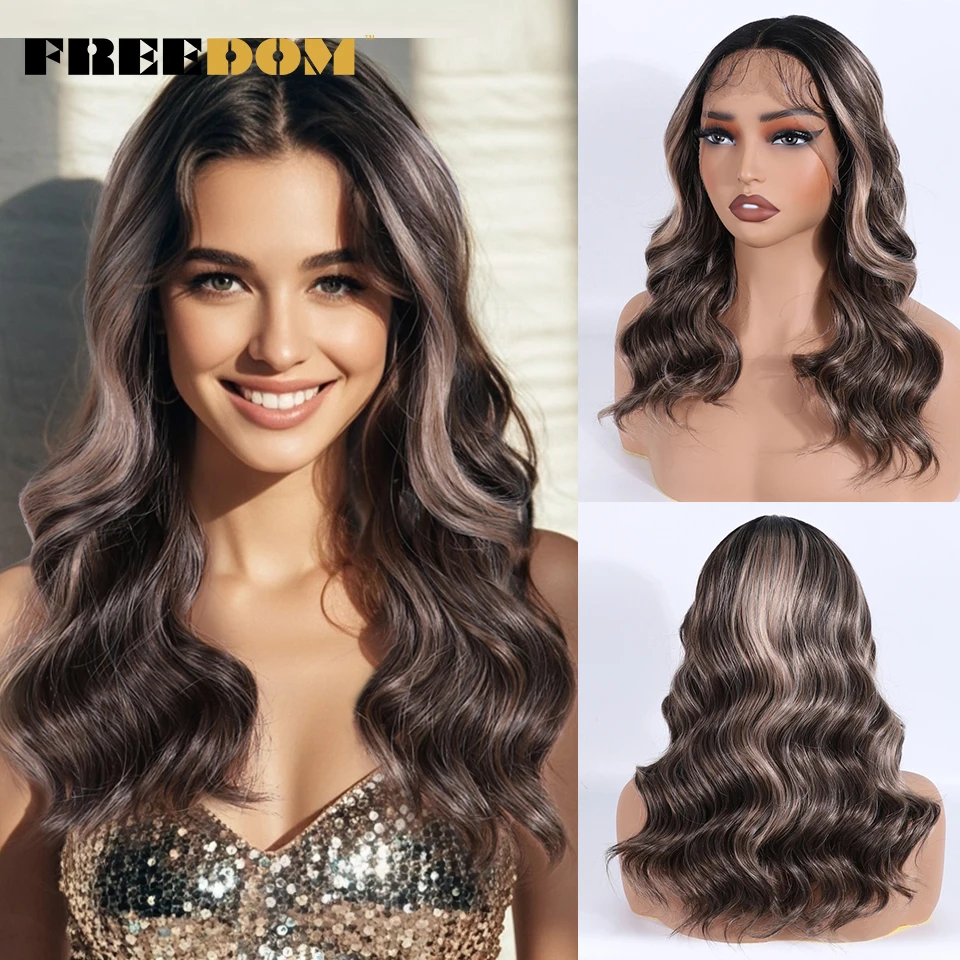 

FREEDOM Synthetic Lace Front Wigs For Black Women 16 Inch Short Body Wavy Lace Wig Curly Ombre Blonde Brown Ginger Cosplay Wigs