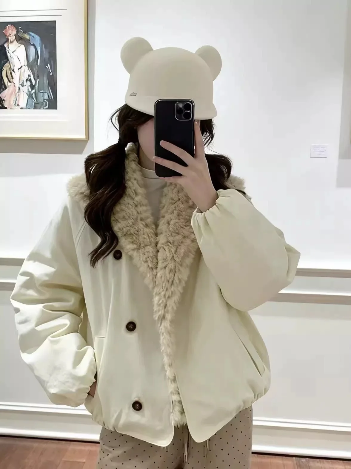 

Burjuman Initial Winter Thiened Cotton Jaet Women's Sle V-Ne Coat Fur Collar Bloomer Design Commute Friendly