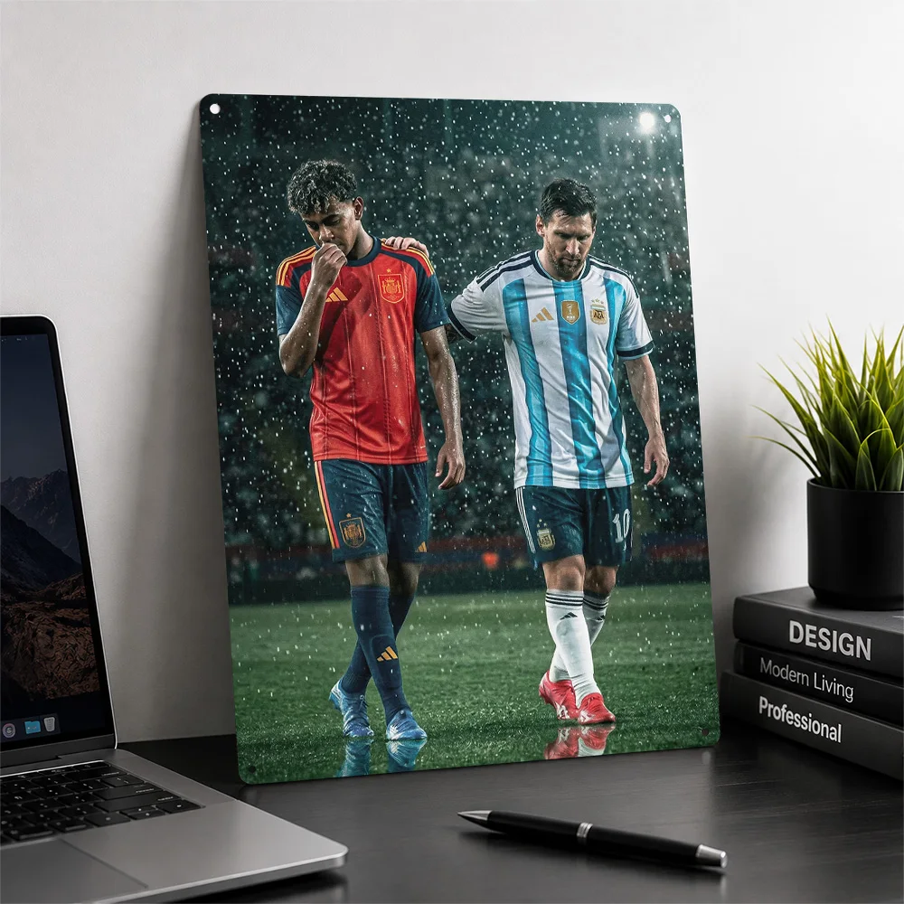 Lionel Messi Comforting Lamine Yamal 3D Texture Printed Poster Custom Vintage Metal Tin Plate Sign for Wall Art Wand Deko Decor