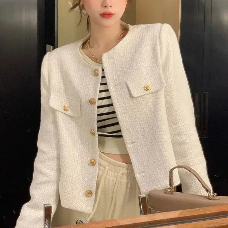 2025 винтажное женское твидовое укороченное пальто, корейская элегантная куртка, осень-зима, Harajuku, однотонное свободное пальто на пуговицах с круглым вырезом, офисная женская одежда 2025 винтажное женское твидовое укороченное пальто, корейская элегантная куртка, осень-зима, Harajuku, однотонное свободное пальто на пуговицах с круглым вырезом, офисная женская одежда