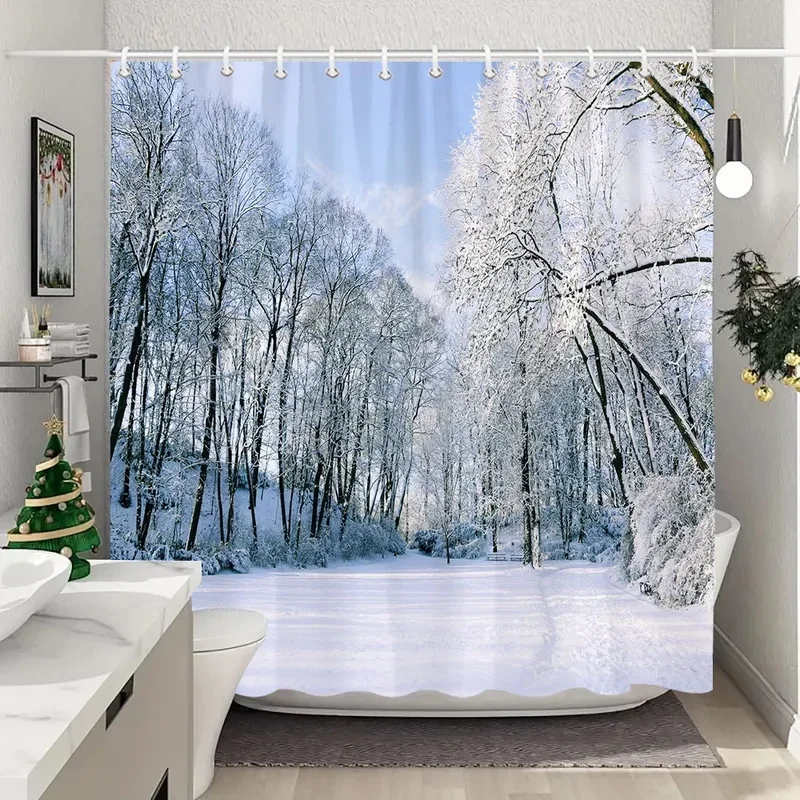 PO01 Winter Outdoor Forest Snow Shower Curtain Farmhouse Mountain Landscape Polyester Fabric Washable Shower Curtains Bathroom