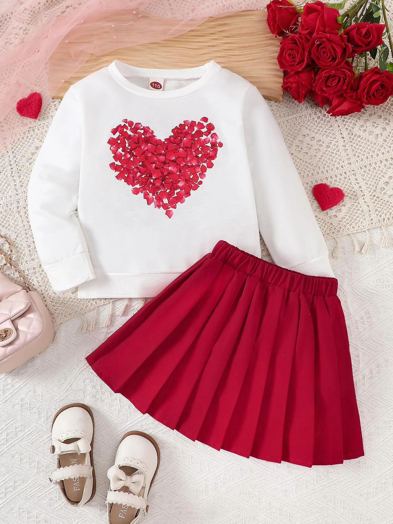 Spring 3-10y Kids Girls Clothes Heart Printing Tops Pleated Skirt 2pcs Sets Children's Outdoor Daily Wear Valentine's Day Gift