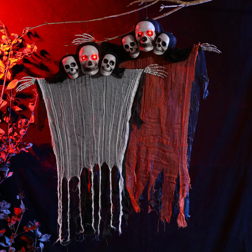 

Halloween Horror 3 Heads Skeleton Hanging Decoration Terror Light Up Haunted House Ornaments Halloween Festival Party Decor Prop