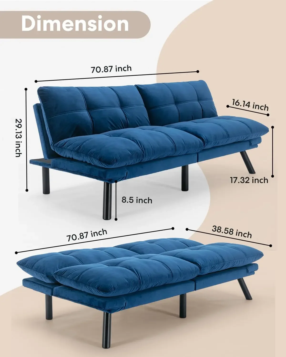 Velvet Convertible Futon Sofa Bed, 71