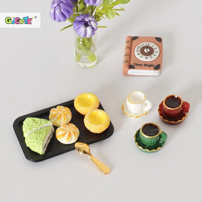 Afternoon Tea Scene Decor Miniature Dollhouse Coffee Dim Sum Tray Set Mini Kitchen Food Decor Accessories Kid Pretend Play Toys