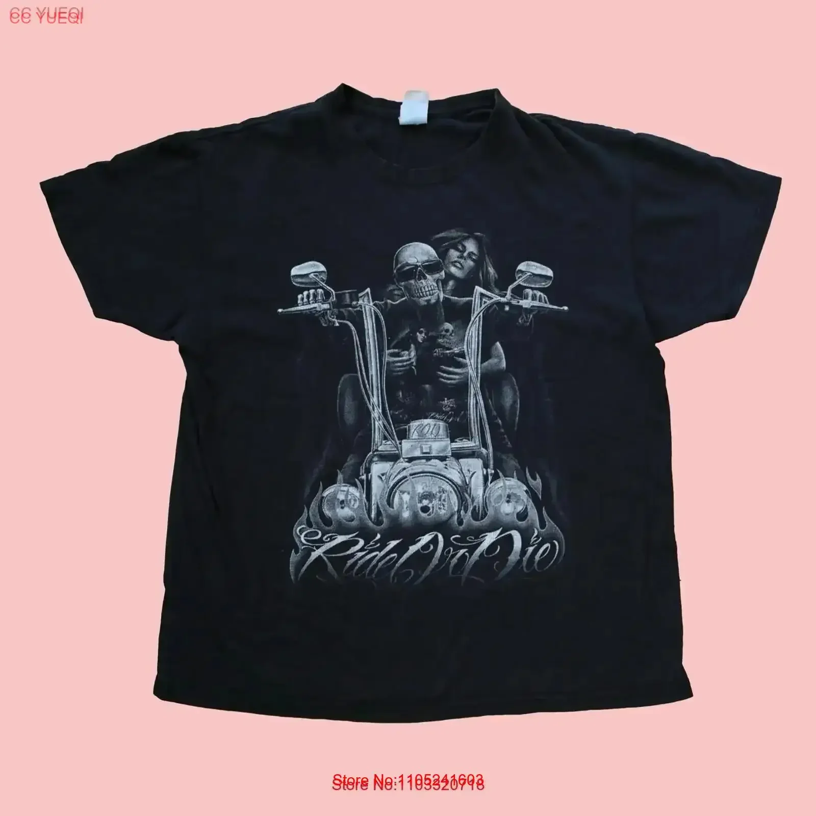 Ride or Die Motorcycle Rider Skeleton Grunge T shirt Skater Black L vintage Washed designer clothes homme Slightly vintage