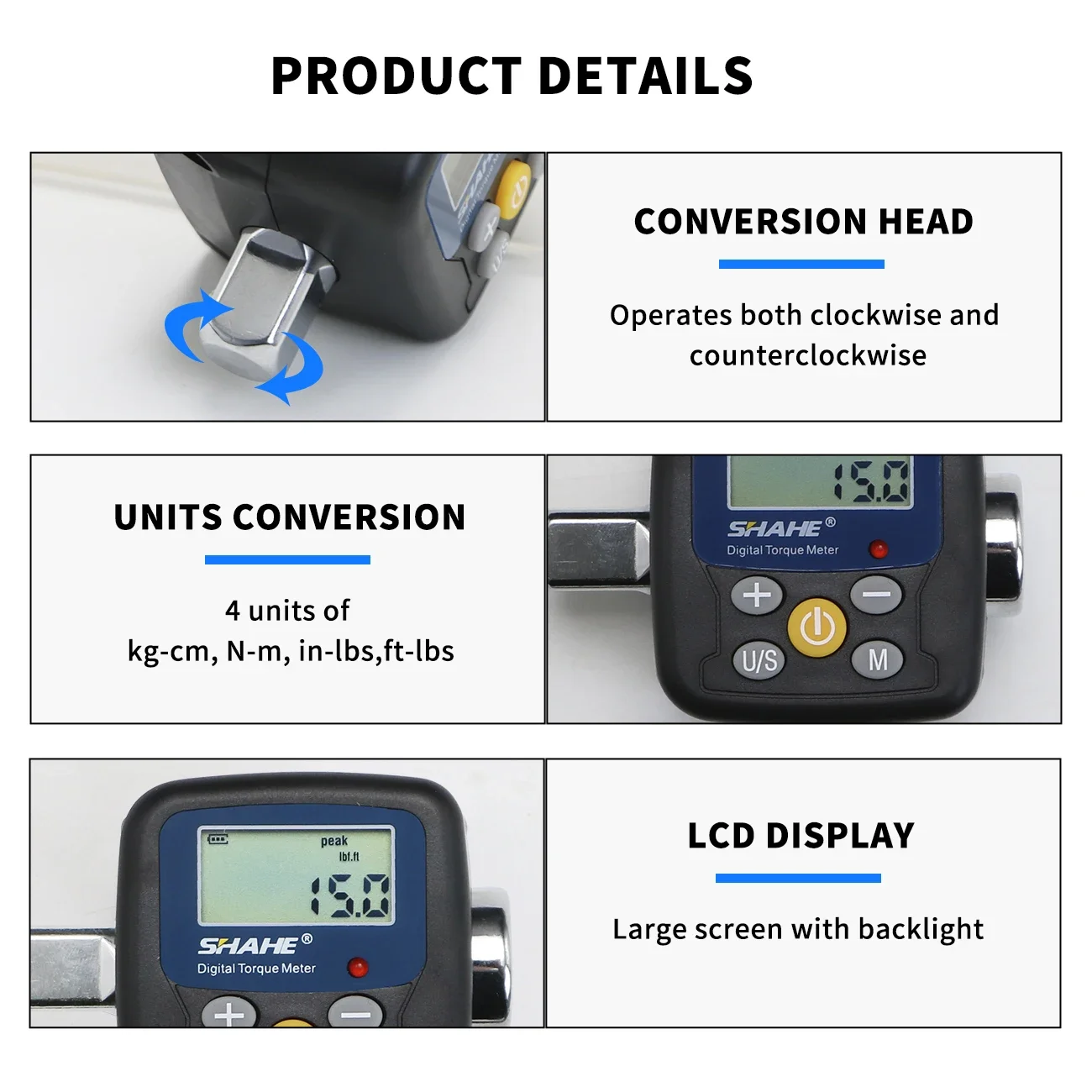 Shahe-Adaptador de llave dinamométrica Digital, herramienta electrónica de torsión, incluye adaptadores de 1/2 