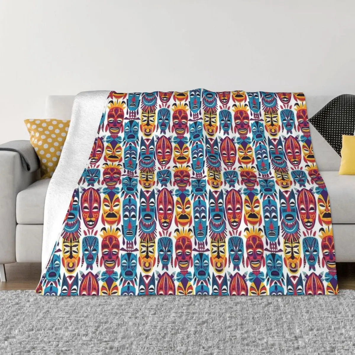 Funny Tiki Blanket Cover Flannel Hawaii Pattern Warm Throw Blanket for Outdoor Travel Bedroom Quilt