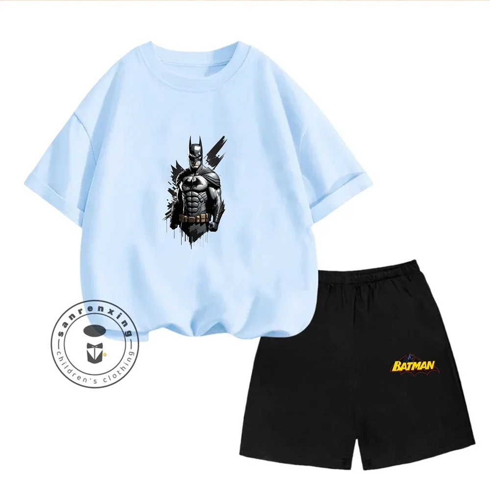 Batman Casual Summer Children's Short Sleeve Printed Cartoon Crew Neck T-shirt Kid Shorts Pure Cotton Breathable