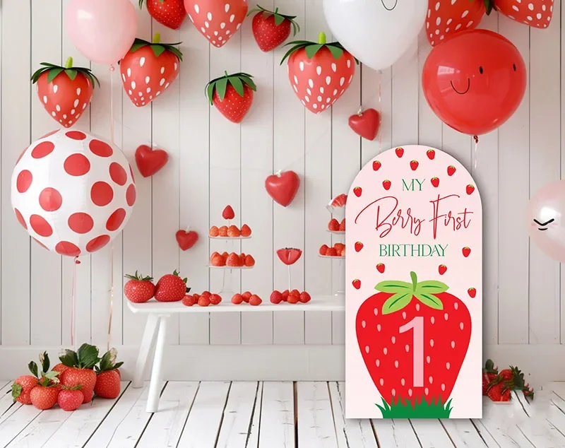 Mehofond Custom 2-Sided Strawberry My Berry First Birthday Party Baby Shower Covers Chiara Arch Wall Decor Backdrop Photo Studio