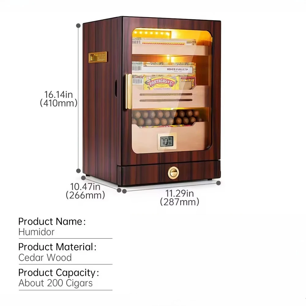 Cigar Cabinet Luxary Transparent Window Piano Paint Cedar Wood Large Capacity Cigar Humidor with Hygrometer and LED Light