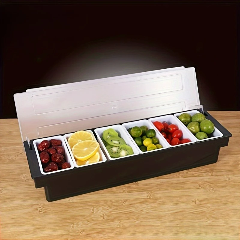 

1pc 6-Compartment Topping Station with Lid - Versatile Condiment Organizer for Bar Ice Cream Salad Bar Restaurant