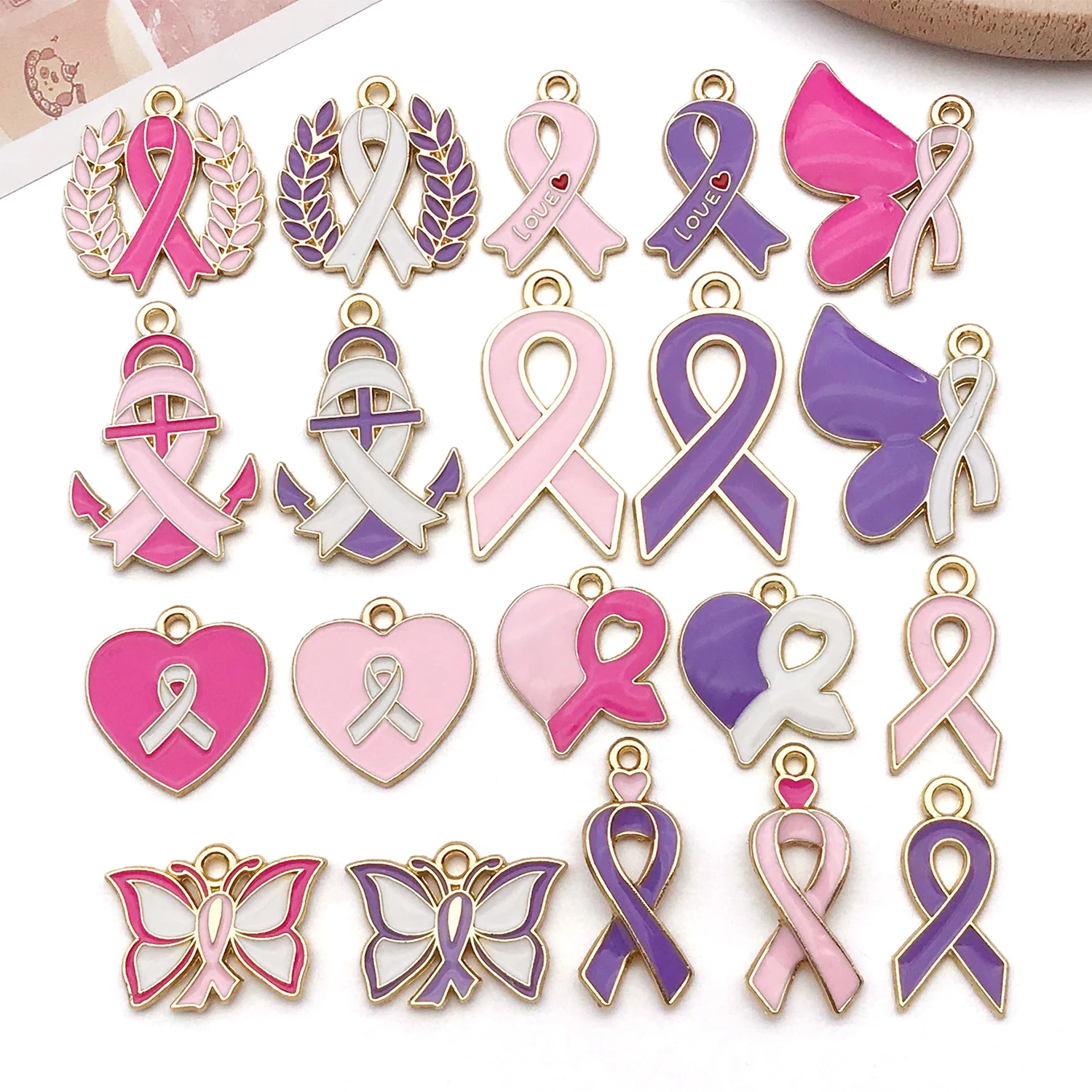 Pink Breast Cancer Awareness Charms, 20 Pcs Bulk Lot of Enamel Alloy Butterflies Hearts Ribbons for DIY Jewelry Keychains.