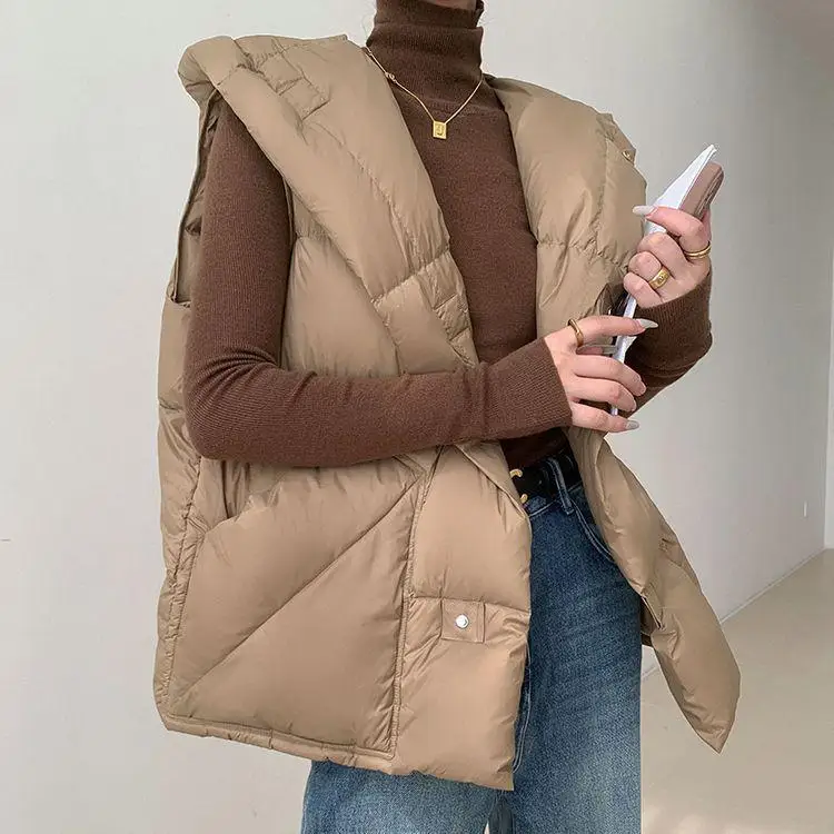 Colete de Plumas de Pato Branco, Estilo Curto e Acolchoado, Jaqueta com Capuz, Design Simples, Casaco de Outono e Inverno, Fe...