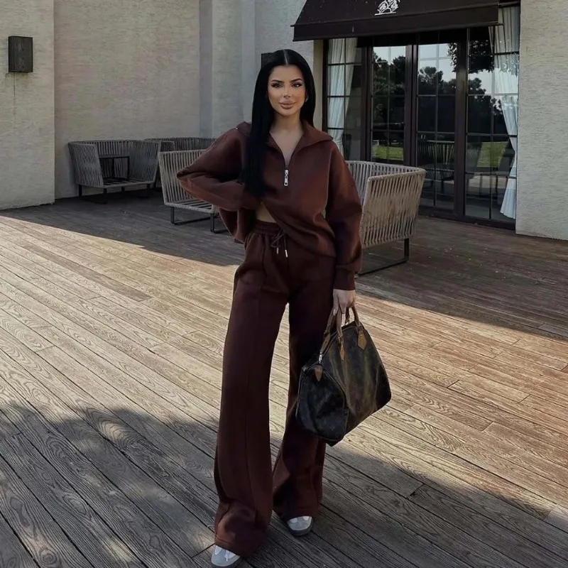 

Women Sweatsuit Set Henley Neck Half Zip Hoodie Lounge Wear Fall Winter Street Style