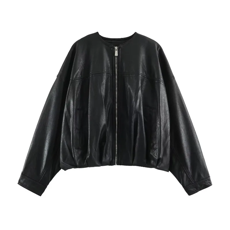 A Casual Versatile Loose Zipper Round-neck PU Leather Jacket for Women Autumn Fashion New Elegant Top in Solid Colors Bestseller