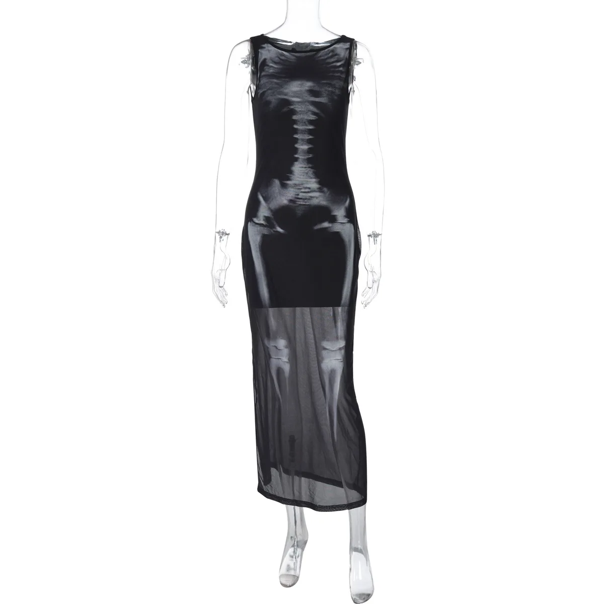 Bangniweigou Body Skeleton Print Crew Neck Mesh Dress Fashion Black Tank Robe