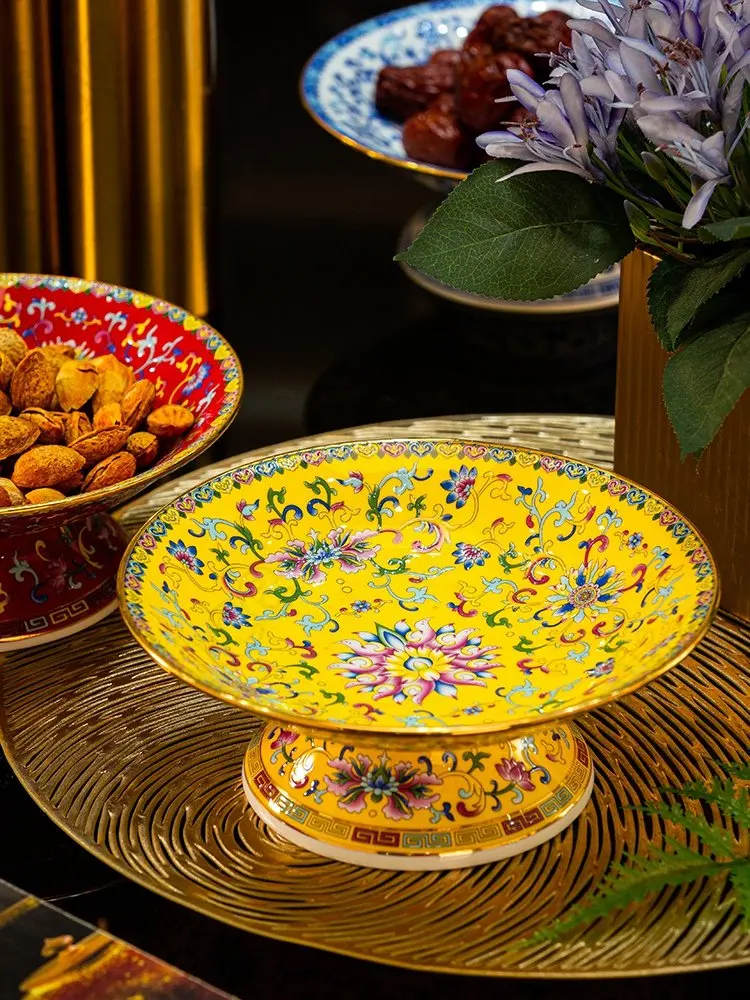 Chinese Enamel Color Ceramic Dessert Plate Jingdezhen Creative Living Room Decoration Desktop High Foot Fruit Tray Snacks Plates