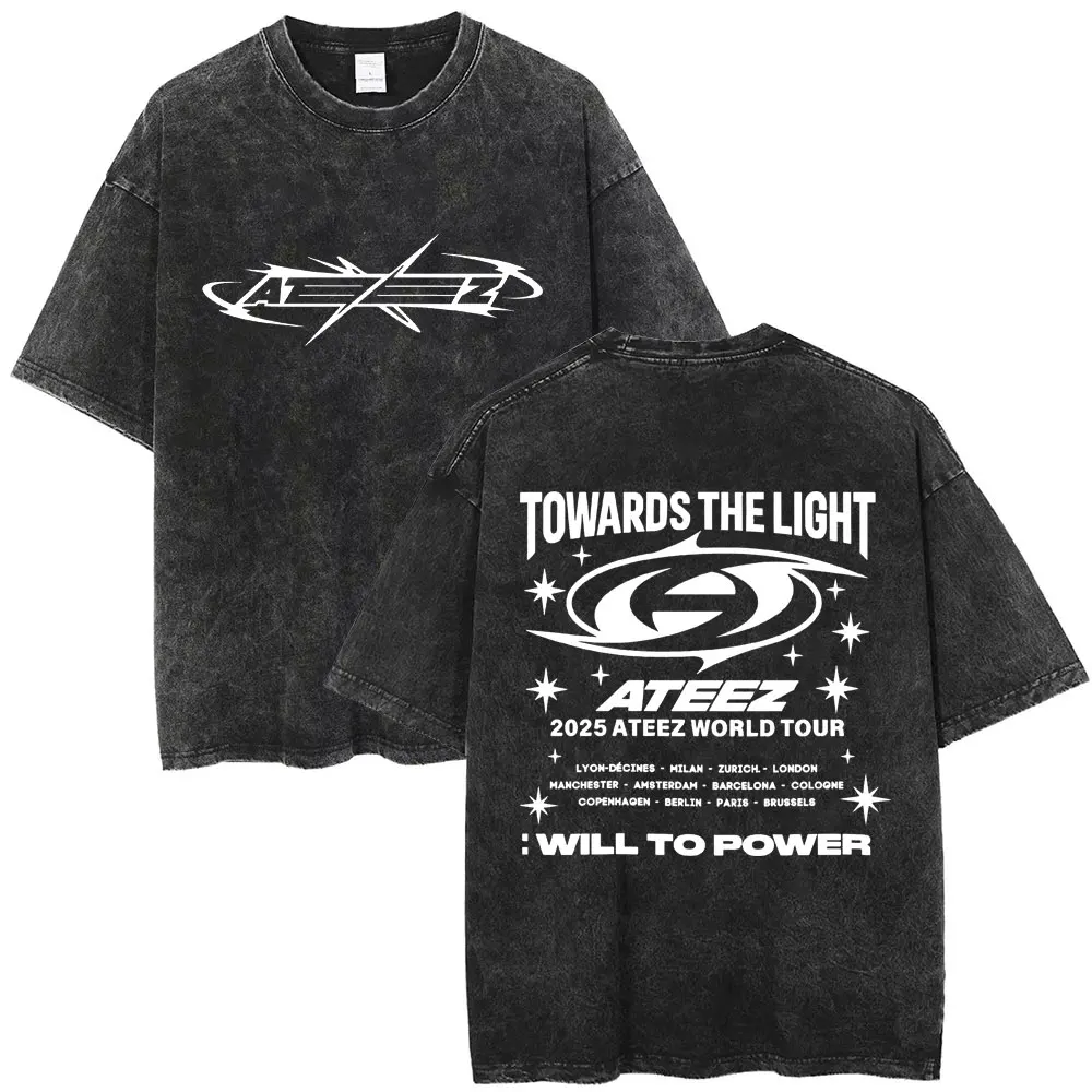 Washed Vintage Men Women Korean Kpop ATEEZ THE WORLD EP FIN WILL T-shirt 2025 World Tour Towards The Light Will To Power T Shirt