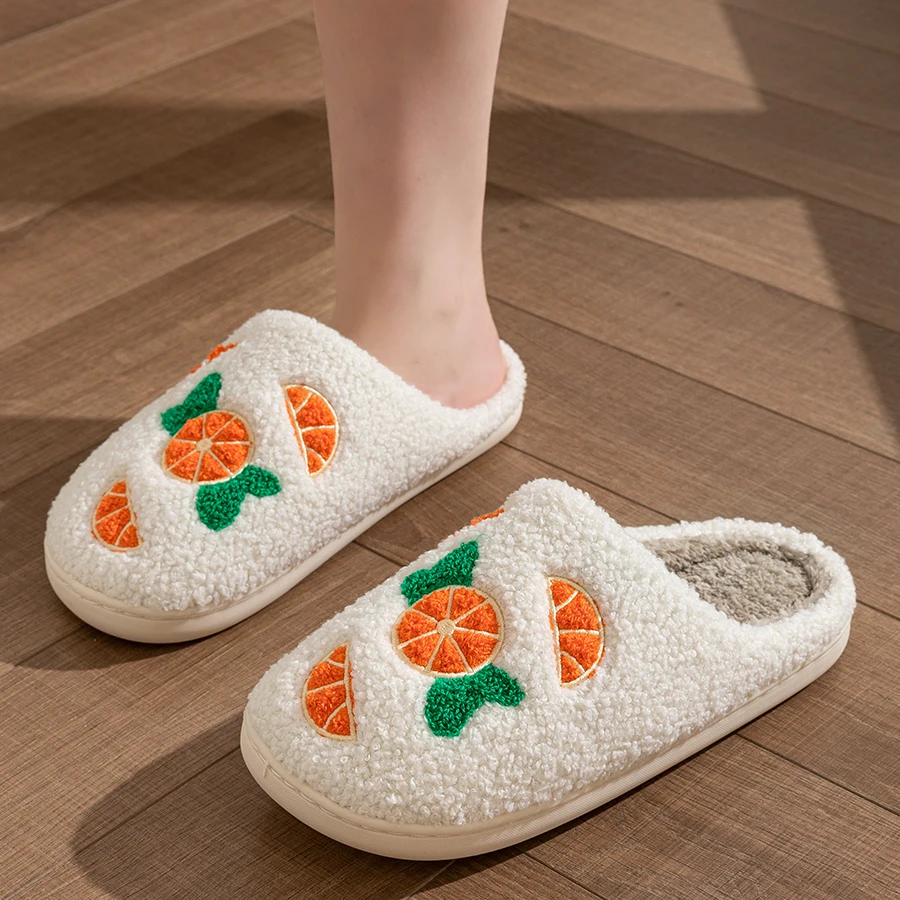 

Cute Indoor Leisure Winter Girl's Slippers Orange Embroidery Comfy Bedroom Warm Soft Interesting Fruit Women's Fuzzy Home Shoes