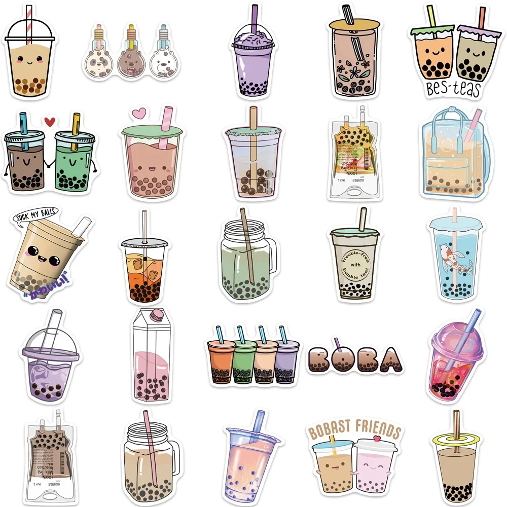 50PCS Cartoon Cute Pearl Milk Tea Stickers Pack For Girl Boba Bubble Teas Decal Sticker To DIY Stationery Luggage Laptop Guitar