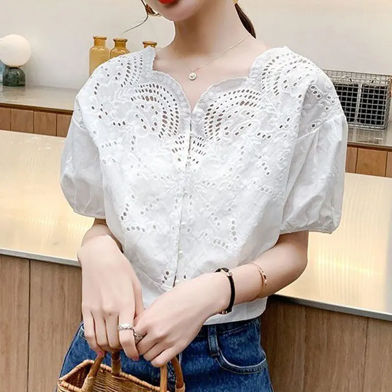 Women\'s Clothing Commute Single-breasted Shirt Solid Color All-match Elegant V-Neck Stylish Hollow Out Summer Loose Blouse 2023