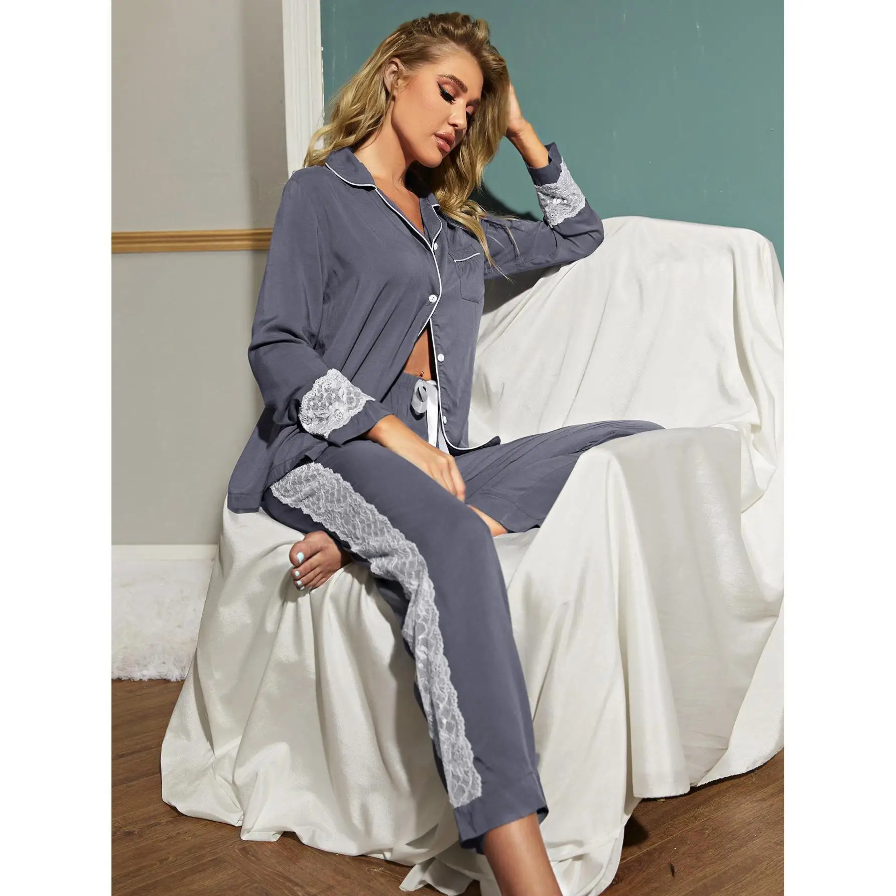 New Autumn Winter Women Pajama Sets Lace Cardigan Long-Sleeve Lapel Tops+Loose Pants Two-Piece Sleepwear Lady's Home Nightwear