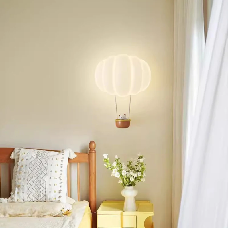 Modern Children's Room Wall Lamps Sitting In a Hot Air Balloon Bear Lamp Romantic Warm Girl Boy Bedroom Bedside Decor Wall Light