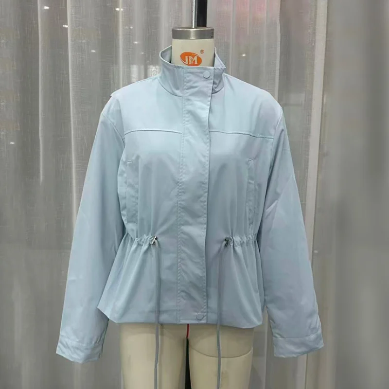 Baby Blue Stand Collar Drawstring Waist Jacket Zip Snap Front Drop Shoulder Pocket Loose Cropped Utility Windbreaker Outerwear