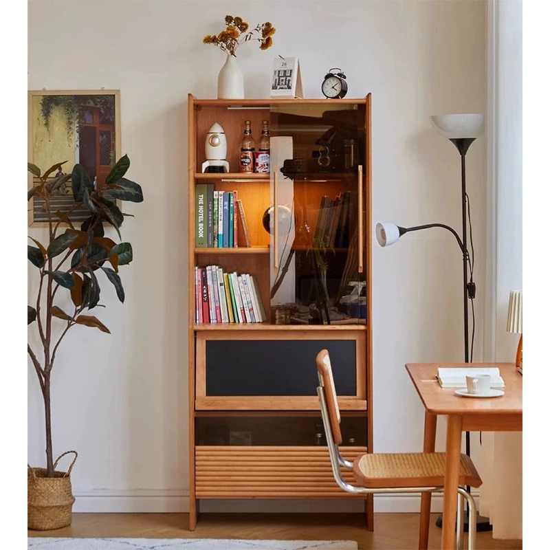 

Nordic, solid wood bookcase, with glass door, bookcase, Japanese locker, storage cabinet, display cabinet