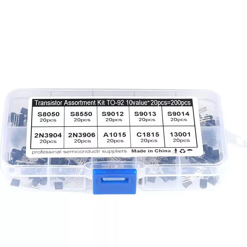 200 قطعة من الصمامات الثلاثية في 10 مواصفات، وصناديق مكونة في 15 مواصفات، بما في ذلك TO-92، 13001، S9013، وS9014
