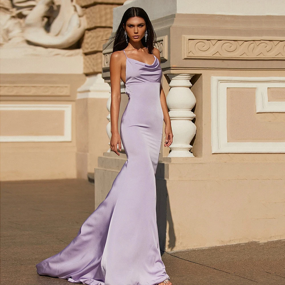 

Draped V-Neck Prom Dresses Simple Spaghetti Sleeveless Mermaid Court Train Evening Sexy Back Criss-Cross Party Gowns