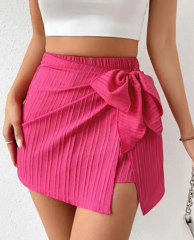 Women\'s Fashionable Simplicity High Quality Shorts Pink Bowknot Decor Casual Textured High Waist Skorts Fresh and Sweet Style