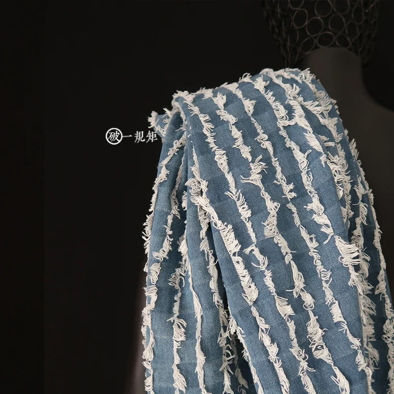 Tassel Cut Denim Fabric Strip Shaped Regular Dark Checkered Light Blue Thick Designer for Clothing Diy Sewing By The Meter