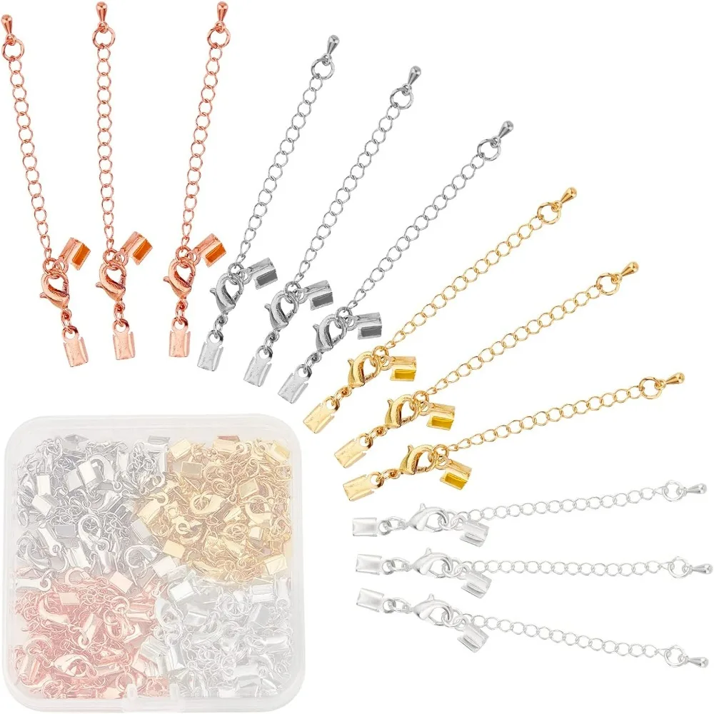 1 Box 40 Sets 4 Colors Fold Over Crimp Cord End Clasps Brass Connectors with Lobster Clasps Extender Chains Adjustable Cap for