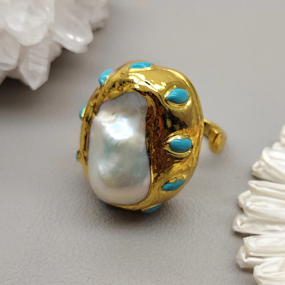 Y·YING Big Natural Freshwater Baroque Pearl Blue Turquoise Rings Jewelry Luxury Party Cocktail Ring