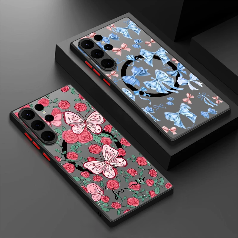 Flowers Bowknot Phone Case For Samsung Galaxy S24 FE S25 Edge S23 S22 S21 Ultra Plus Magnetic For Magsafe Iron Ring Hard Cover