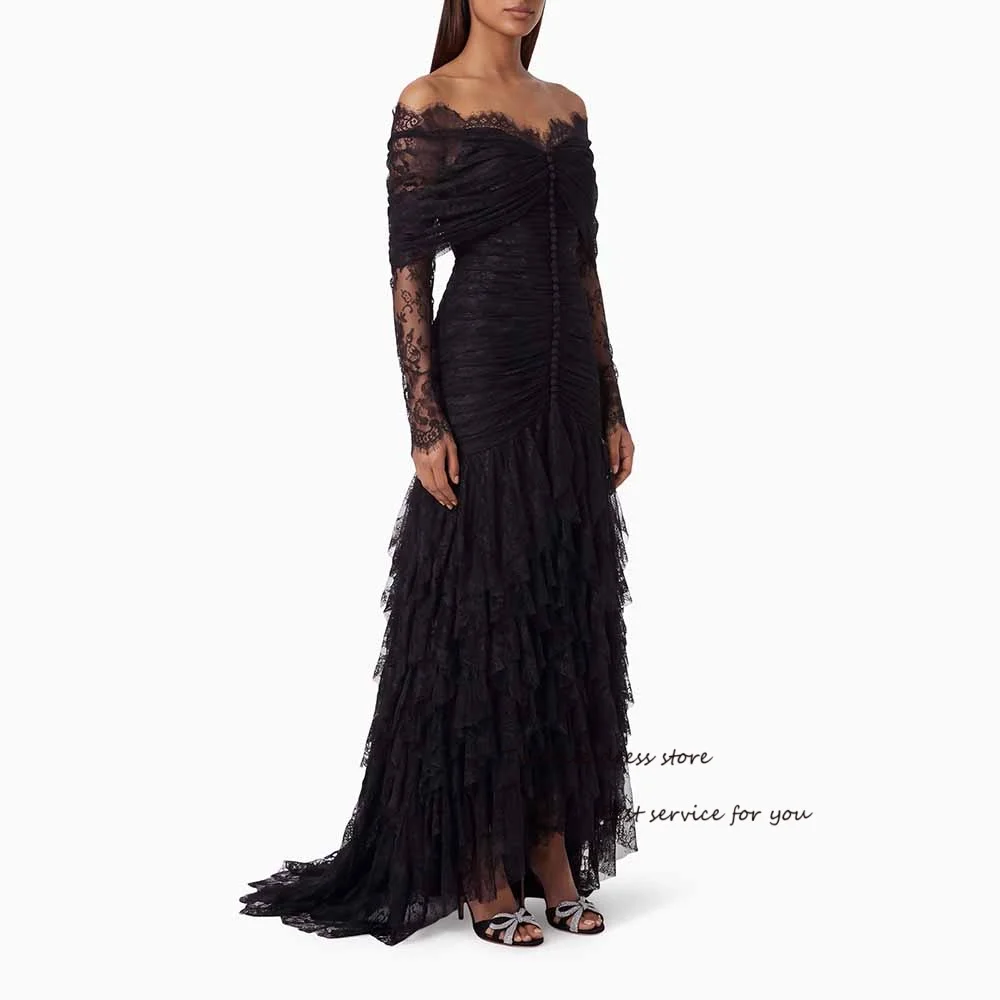 Lace Embroidery Evening Dresses Off Shoulder Mermaid High-low فساتين سهرة Black Formal Prom Dress for Women