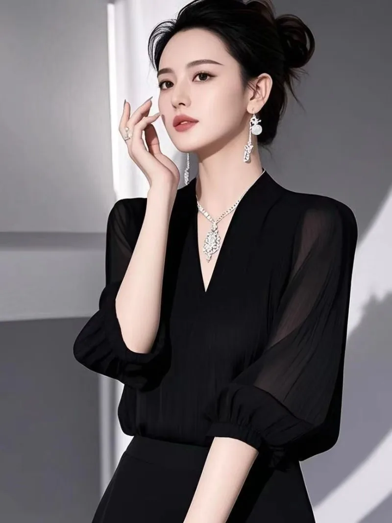 빈티지 여성 블라우스 쉬폰 셔츠 패션 슬림 여름 V넥 한국 의류 반팔 노랑 여성 상의